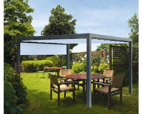 Pavillon Grau 500 x 600 cm Dessin 8903 blau mit Senkrechtmarkise