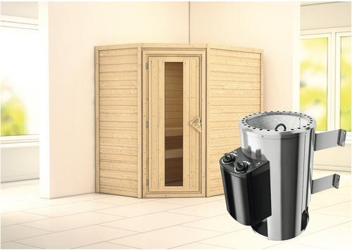 Plug & Play Sauna Karibu Milja inkl. 3,6 kW Ofen u.integr.Steuerung ohne Dachkranz mit Holztüre aus Isolierglas wärmegedämmt
