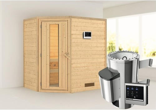 Plug & Play Sauna Karibu Milja inkl. 3,6 kW Ofen u.ext.Steuerung ohne Dachkranz mit Holztüre aus Isolierglas wärmegedämmt