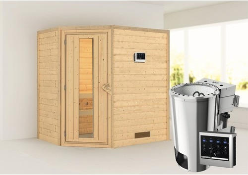 Plug & Play Sauna Karibu Milja inkl. 3,6 kW Bio Ofen u.ext.Steuerung ohne Dachkranz mit Holztüre aus Isolierglas wärmegedämmt