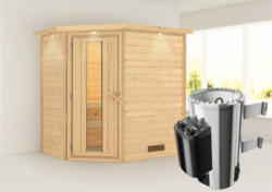 Plug & Play Sauna Karibu Milja inkl. 3,6 kW Ofen u.integr.Steuerung mit Dachkranz und Holztüre aus Isolierglas wärmegedämmt