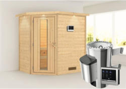 Plug & Play Sauna Karibu Milja inkl. 3,6 kW Ofen u.ext.Steuerung mit Dachkranz und Holztüre aus Isolierglas wärmegedämmt