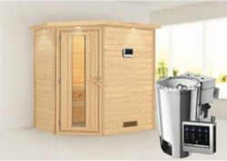 Plug & Play Sauna Karibu Milja inkl. 3,6 kW Bio Ofen u.ext.Steuerung mit Dachkranz und Holztüre aus Isolierglas wärmegedämmt
