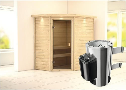 Plug & Play Sauna Karibu Milja inkl. 3,6 kW Ofen u.integr.Steuerung mit Dachkranz und bronzierter Ganzglastüre