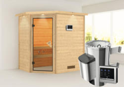 Plug & Play Sauna Karibu Milja inkl. 3,6 kW Ofen u.ext.Steuerung mit Dachkranz und bronzierter Ganzglastüre