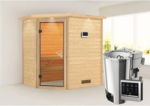 Plug & Play Sauna Karibu Milja inkl. 3,6 kW Bio Ofen u.ext.Steuerung mit Dachkranz und bronzierter Ganzglastüre