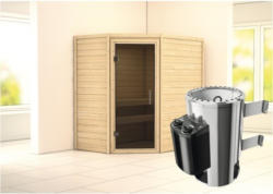 Plug & Play Sauna Karibu Milja inkl. 3,6 kW Ofen u.integr.Steuerung ohne Dachkranz mit graphitfarbiger Ganzglastüre