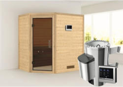 Plug & Play Sauna Karibu Milja inkl. 3,6 kW Ofen u.ext.Steuerung ohne Dachkranz mit graphitfarbiger Ganzglastüre