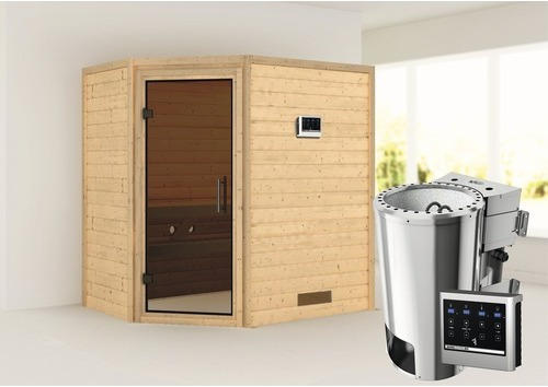 Plug & Play Sauna Karibu Milja inkl. 3,6 kW Bio Ofen u.ext.Steuerung ohne Dachkranz mit graphitfarbiger Ganzglastüre