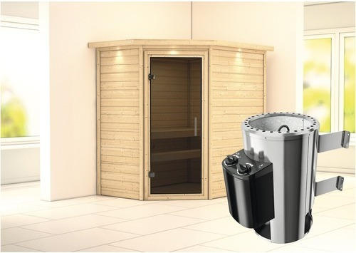 Plug & Play Sauna Karibu Milja inkl. 3,6 kW Ofen u.integr.Steuerung mit Dachkranz und graphitfarbiger Ganzglastüre