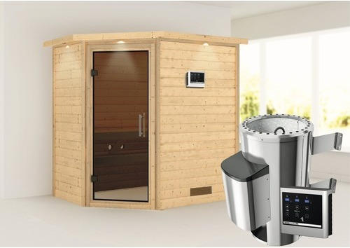 Plug & Play Sauna Karibu Milja inkl. 3,6 kW Ofen u.ext.Steuerung mit Dachkranz und graphitfarbiger Ganzglastüre