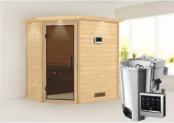 Plug & Play Sauna Karibu Milja inkl. 3,6 kW Bio Ofen u.ext.Steuerung mit Dachkranz und graphitfarbiger Ganzglastüre