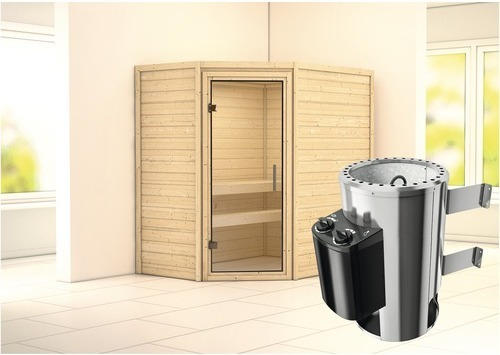 Plug & Play Sauna Karibu Milja inkl. 3,6 kW Ofen u.integr.Steuerung ohne Dachkranz mit Ganzglastüre aus Klarglas