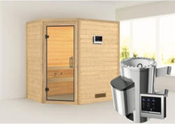 Plug & Play Sauna Karibu Milja inkl. 3,6 kW Ofen u.ext.Steuerung ohne Dachkranz mit Ganzglastüre aus Klarglas
