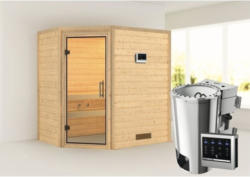 Plug & Play Sauna Karibu Milja inkl. 3,6 kW Bio Ofen u.ext.Steuerung ohne Dachkranz mit Ganzglastüre aus Klarglas