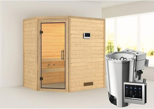 Plug & Play Sauna Karibu Milja inkl. 3,6 kW Bio Ofen u.ext.Steuerung ohne Dachkranz mit Ganzglastüre aus Klarglas