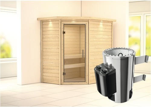 Plug & Play Sauna Karibu Milja inkl. 3,6 kW Ofen u.integr.Steuerung mit Dachkranz und Ganzglastüre aus Klarglas