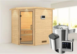 Plug & Play Sauna Karibu Milja inkl. 3,6 kW Ofen u.ext.Steuerung mit Dachkranz und Ganzglastüre aus Klarglas
