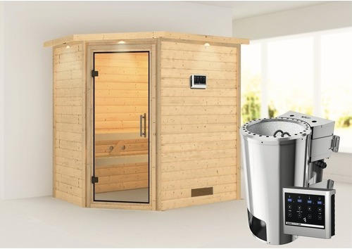 Plug & Play Sauna Karibu Milja inkl. 3,6 kW Bio Ofen u.ext.Steuerung mit Dachkranz und Ganzglastüre aus Klarglas