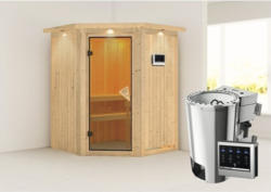 Plug & Play Sauna Karibu Sparset Kanja inkl. 3,6 kW Bio Ofen u.ext.Steuerung und Dachkranz mit bronzierter Ganzglastüre