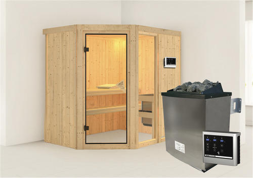 Elementsauna Karibu Varberg Premium 1 Eck inkl.9 kW Ofen u.ext.Steuerung ohne Dachkranz mit bronzierter Ganzglastüre