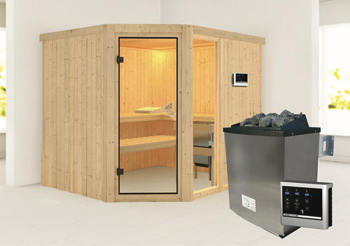 Elementsauna Karibu Varberg Premium 3 Eck inkl.9 kW Ofen u.ext.Steuerung ohne Dachkranz mit bronzierter Ganzglastüre