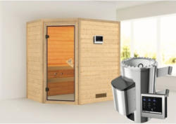 Plug & Play Sauna Karibu Milja inkl. 3,6 kW Ofen u.ext.Steuerung ohne Dachkranz mit bronzierter Ganzglastüre