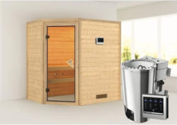 Plug & Play Sauna Karibu Milja inkl. 3,6 kW Bio Ofen u.ext.Steuerung ohne Dachkranz mit bronzierter Ganzglastüre