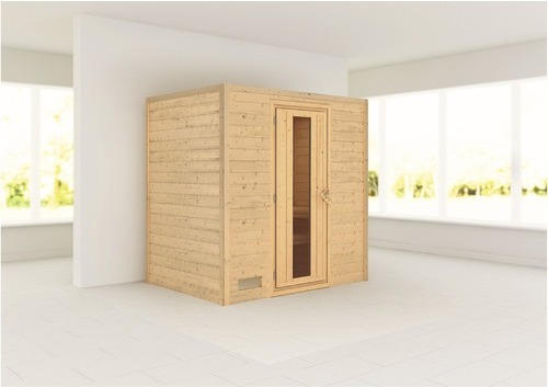 Plug & Play Sauna Karibu Tonja ohne Ofen und Dachkranz mit Holztüre und Isolierglas wärmegedämmt