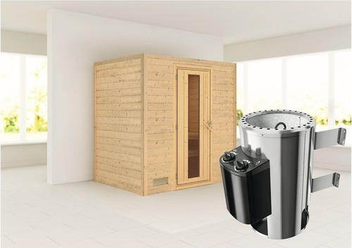 Plug & Play Sauna Karibu Tonja inkl. 3,6 kW Ofen u.integr.Steuerung ohne Dachkranz mit Holztüre aus Isolierglas wärmegedämmt