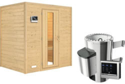 Plug & Play Sauna Karibu Tonja inkl. 3,6 kW Ofen u.ext.Steuerung ohne Dachkranz mit Holztüre aus Isolierglas wärmegedämmt