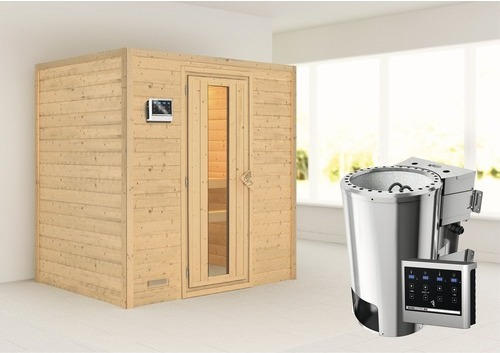 Plug & Play Sauna Karibu Tonja inkl. 3,6 kW Bio Ofen u.ext.Steuerung ohne Dachkranz mit Holztüre aus Isolierglas wärmegedämmt