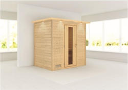 Plug & Play Sauna Karibu Tonja ohne Ofen mit Dachkranz und Holztüre mit Isolierglas wärmegedämmt