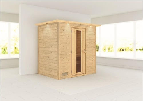 Plug & Play Sauna Karibu Tonja ohne Ofen mit Dachkranz und Holztüre mit Isolierglas wärmegedämmt