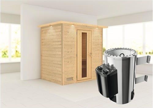 Plug & Play Sauna Karibu Tonja inkl. 3,6 kW Ofen u.integr.Steuerung mit Dachkranz und Holztüre aus Isolierglas wärmegedämmt