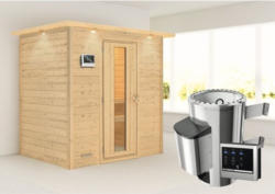 Plug & Play Sauna Karibu Tonja inkl. 3,6 kW Ofen u.ext.Steuerung mit Dachkranz und Holztüre aus Isolierglas wärmegedämmt