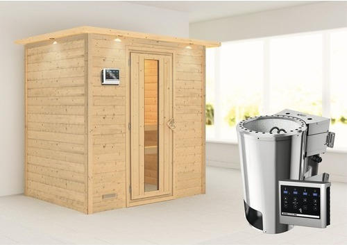 Plug & Play Sauna Karibu Tonja inkl. 3,6 kW Bio Ofen u.ext.Steuerung mit Dachkranz und Holztüre aus Isolierglas wärmegedämmt