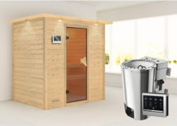 Plug & Play Sauna Karibu Tonja inkl. 3,6 kW Bio Ofen u.ext.Steuerung mit Dachkranz und bronzierter Ganzglastüre