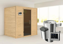 Plug & Play Sauna Karibu Tonja inkl. 3,6 kW Ofen u.ext.Steuerung ohne Dachkranz mit graphitfarbiger Ganzglastüre