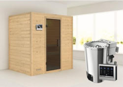 Plug & Play Sauna Karibu Tonja inkl. 3,6 kW Bio Ofen u.ext.Steuerung ohne Dachkranz mit graphitfarbiger Ganzglastüre