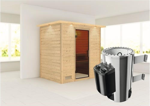 Plug & Play Sauna Karibu Tonja inkl. 3,6 kW Ofen u.integr.Steuerung mit Dachkranz und graphitfarbiger Ganzglastüre