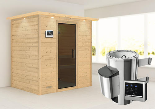 Plug & Play Sauna Karibu Tonja inkl. 3,6 kW Ofen u.ext.Steuerung mit Dachkranz und graphitfarbiger Ganzglastüre
