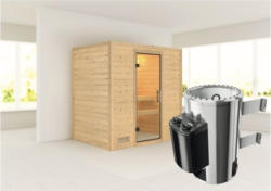 Plug & Play Sauna Karibu Tonja inkl. 3,6 kW Ofen u.integr.Steuerung ohne Dachkranz mit Ganzglastüre aus Klarglas