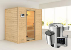 Plug & Play Sauna Karibu Tonja inkl. 3,6 kW Ofen u.ext.Steuerung ohne Dachkranz mit Ganzglastüre aus Klarglas