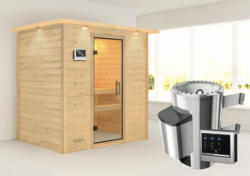 Plug & Play Sauna Karibu Tonja inkl. 3,6 kW Ofen u.ext.Steuerung mit Dachkranz und Ganzglastüre aus Klarglas