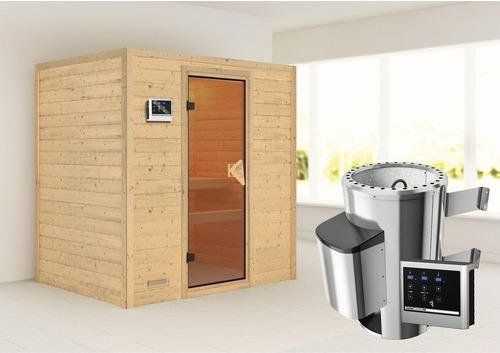 Plug & Play Sauna Karibu Tronja inkl. 3,6 kW Ofen u.ext.Steuerung ohne Dachkranz mit bronzierter Ganzglastür