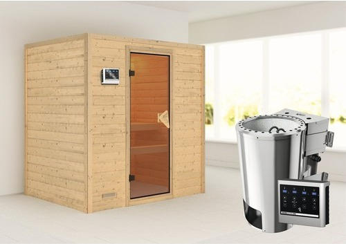 Plug & Play Sauna Karibu Tronja inkl. 3,6 kW Bio Ofen u.ext.Steuerung ohne Dachkranz mit bronzierter Ganzglastür