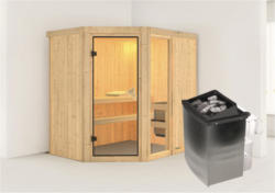 Elementsauna Karibu Varberg Premium 1 Eck inkl.9 kW Ofen u.integr.Steuerung ohne Dachkranz mit bronzierter Ganzglastüre