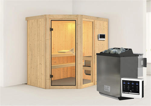 Elementsauna Karibu Varberg Premium 1 Eck inkl.9 kW Bio Ofen u.ext.Steuerung ohne Dachkranz mit bronzierter Ganzglastüre