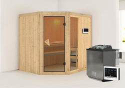 Elementsauna Karibu Varberg Premium 2 Eck inkl.9 kW Bio Ofen u.ext.Steuerung ohne Dachkranz mit bronzierter Ganzglastüre
